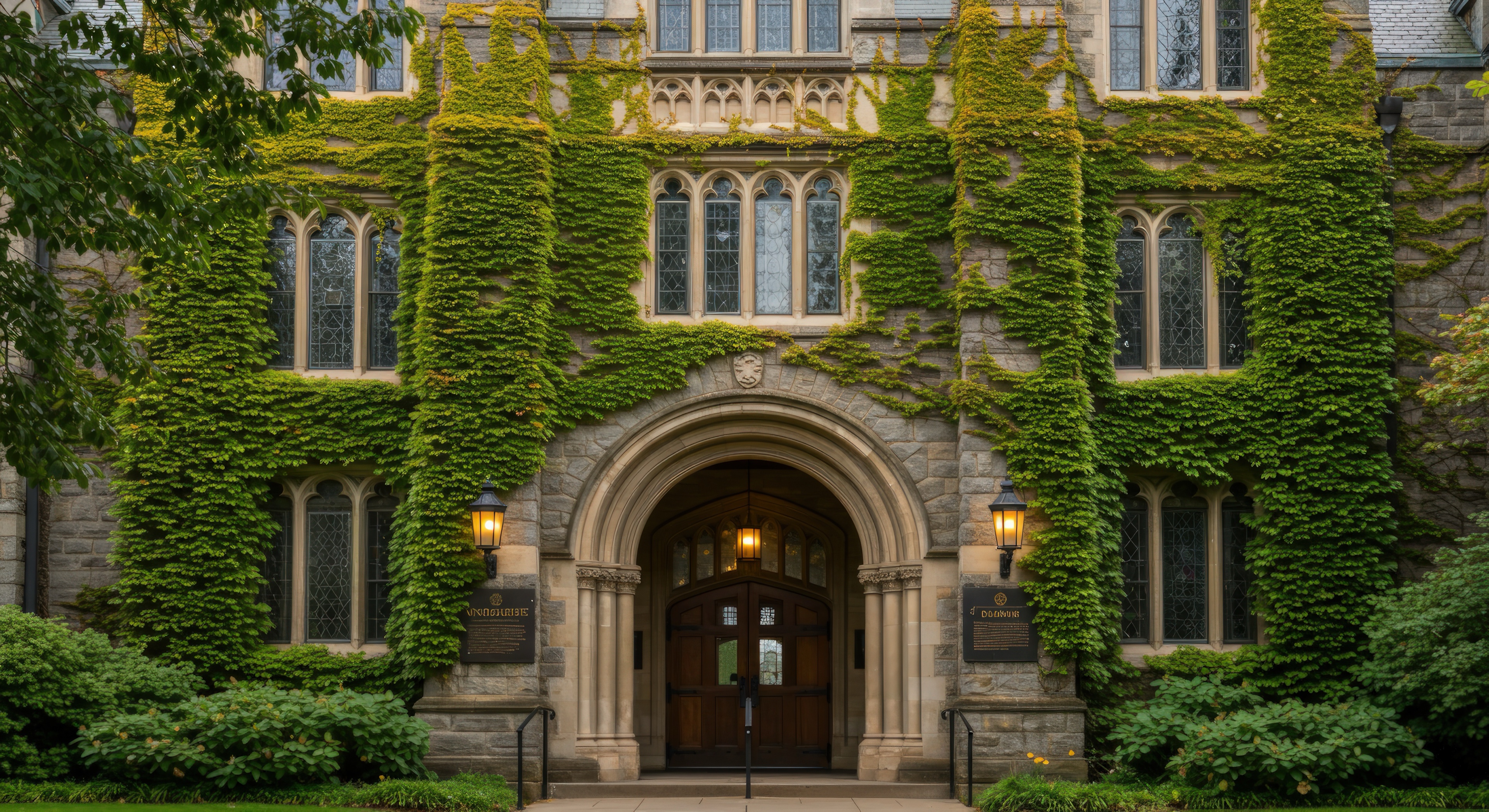 The ivy-covered stone facade of a gothic college hall: an arched wooden entrance flanked by two lit lanterns, leaded windows above, and hedges either side of the path.